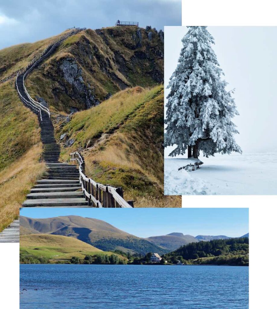Mosaique de photos de l'Auvergne et ses montagnes, ses lacs et ses forêts enneigées, venez faire le plein de sensations.